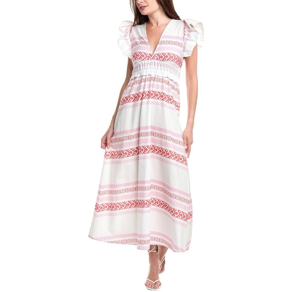 STS SAIL TO SABLE New LARGE Maxi Dress Red Orange Aztec Flutter Sleeve SP25T5